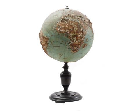 Relief earth globe, marked Ludwig Julius Heymann, on black lacquered wooden base, ca. 1880, 64 cm high (wear spots on sphere)