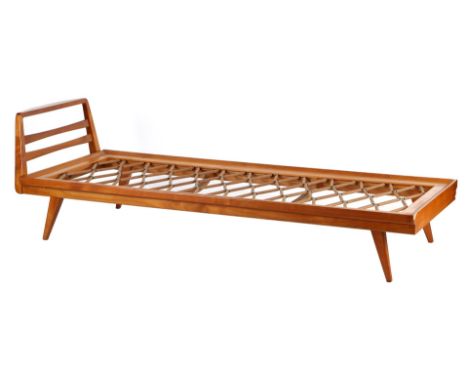 Birch and beech veneer daybed with polychrome upholstery, on tapered legs, Western Europe 1950s, 183x73 cm (veneer damage)