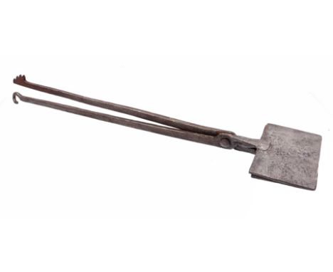 18th century waffle iron, cast and forged, decorated with fish scales, BAGH and 1711, 80 cm long, 4060 grams