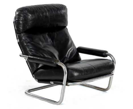 Jan des Bouvrie (1942-2020)Chromed tubular frame arm chair with black leather removable cushions, design Jan des Bouvrie for 