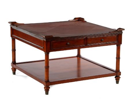 Walnut color coffee table with marquetry piping in the top, 2 drawers and bottom shelf, 53 cm high, 81x81 cm