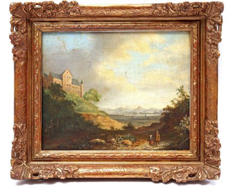 Anonymous, landscape with castle and figures in a valley, panel 19th century, 19x23.5 cm