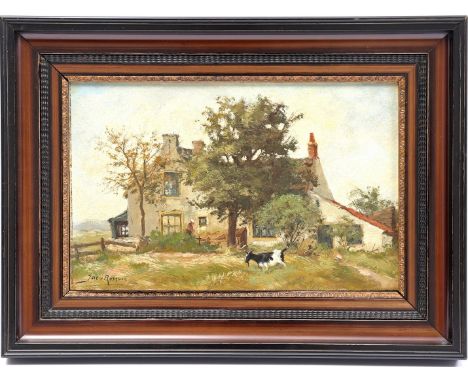 Signed Jac van Rossum, farm with woman and goat, panel 23x34 cm