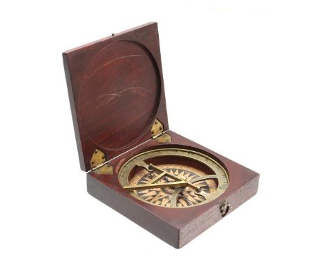 Brass sundial with compass, marked j Field London, in mahogany case, ca. 1910, 9x9 cm