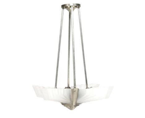 Art Deco hanging lamp with 4 pasta glass shades, France ca. 1930, not marked, the hanging lamp is 63 cm high