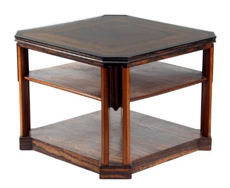 Rosewood veneer 3-shelf shelf table with chamfered corners, ca. 1930, with glass top 60 cm high, 80x80 cm