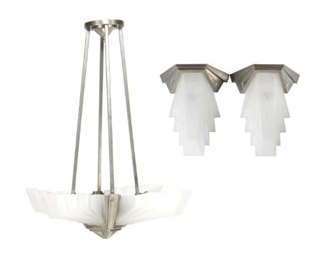 Art Deco hanging lamp with 4 pasta glass shades and 2 matching wall lamps with identical shades, France ca. 1930, not marked,