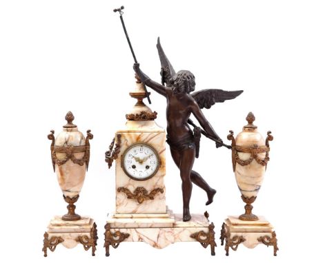 Marble table clock with cherub, France late 19th century, 62 cm high and 2 side coupes/castolettes, 40 cm high (various damag