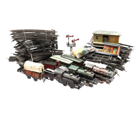 Lot Bing Werke Bavaria tin toy model trains and accessories b.u. 3 locomotives, 8 wagons, approx. 50 track sections (includin