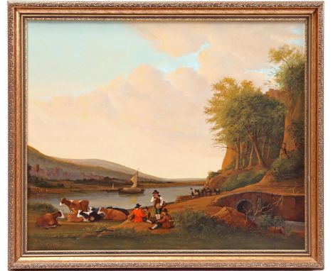 Jan van der Meer (1942-)Figures in a landscape by a river after the Romantic School, panel 50x60 cm