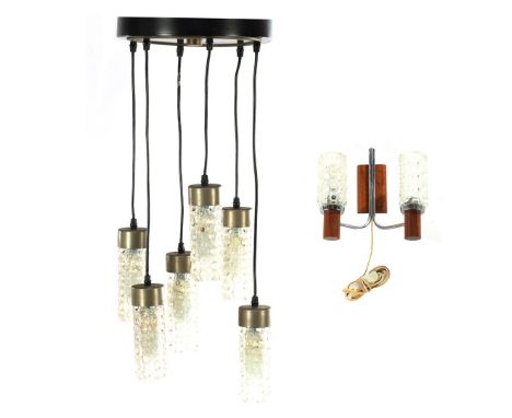 6-light adjustable hanging lamp with chalices, 19 cm per chalice and 2-light wall lamp with walnut wood, Western Europe 1970s
