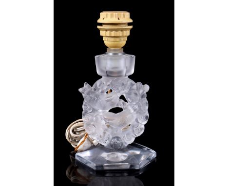 Pressed glass table lamp base in the shape of birds, marked Lalique France, 23 cm high