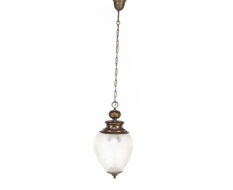 Hall lamp with etched cut glass shade in copper frame, 140 cm high, measured incl. chain