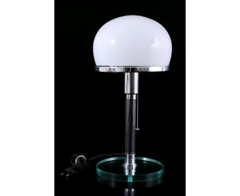 Chromed metal and plastic table lamp with glass shade Bauhaus style after a design by Wilhelm Wagenfeld, 21st century, 46 cm 