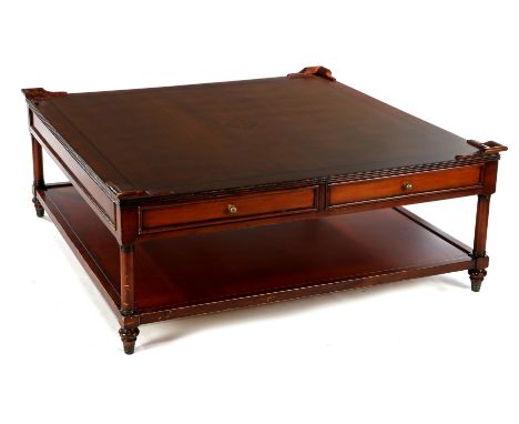 Walnut color coffee table with marquetry piping in the top, 4 drawers and bottom shelf, 47 cm high, 118x118 cm
