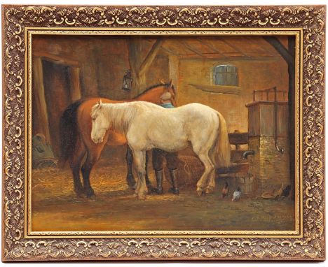 Jan van der Meer (1942-)Stable interior with 2 horses and man with cap, panel 30x40 cm