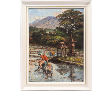 R Hadi (1958-)Workers on the sawah with mountain in the background, canvas 80x60 cm