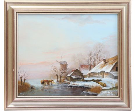 Jan van der Meer (1942-)Dutch winter landscape with a horse and carriage on a frozen lake near a mill, panel 38x46 cm