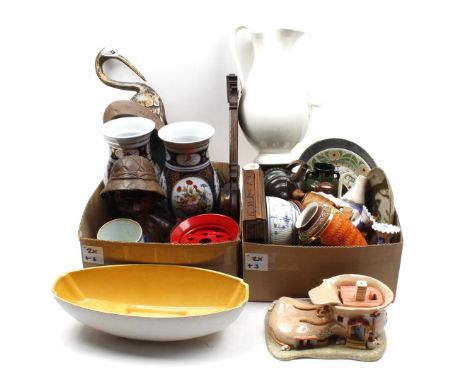 2 boxes very diverse including crockery, vases, Asian items, wooden statues, Maastricht jug, shoe house for tea light and mis