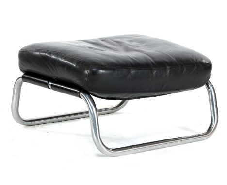 Jan des Bouvrie (1942-2020)Chromed tubular frame footstool/footstool with black leather removable cushion, design Jan des Bou