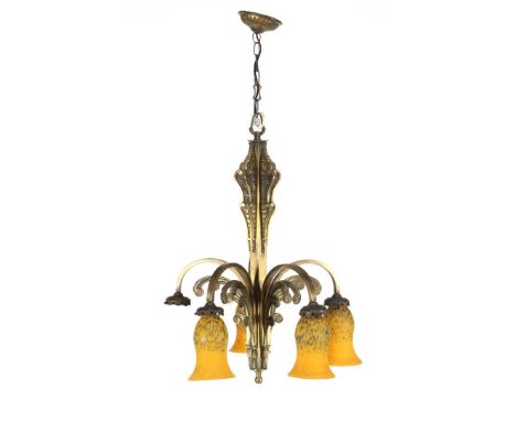 Brass 5-light richly decorated Art Deco hanging lamp with 4 colored glass paste caps, 90 cm high, 51 cm diameter