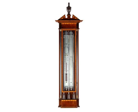 Dutch baking barometer in walnut veneer with marquetry decoration case, in Louis Seize style, ca. 1900, 125 cm high, 33 cm wi