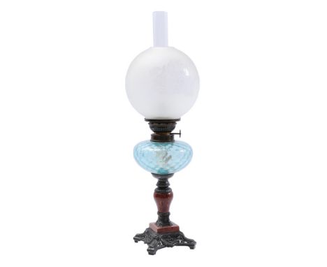 Classic table oil lamp with pewter base with stone parts, blue glass jar and etched glass sphere, 57 cm high