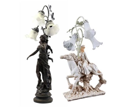 Classic 3-light table lamp with horsewoman 71 cm high and a 2-light lamp of a standing woman with 9 fingers, 89 cm high