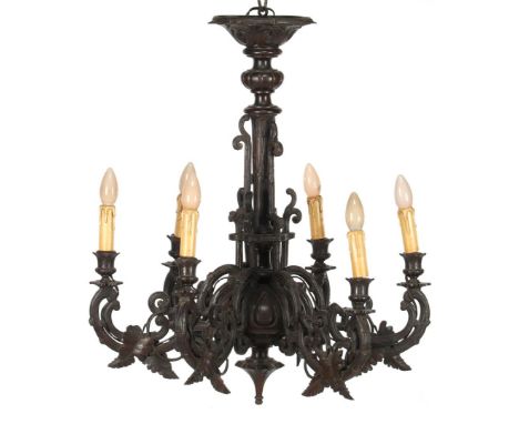 Wooden 6-light chandelier with leaf decor, Black Forest ca. 1900, 77 cm high
