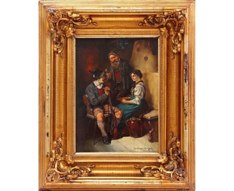 Signed Lehman-Leonhard, W, happy gathering between a woman and 2 men, panel 33x24 cm