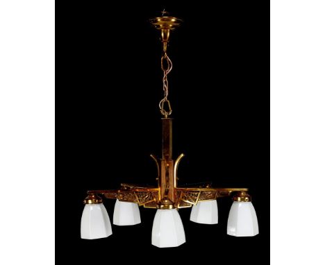 Brass 5-light ornate Art Deco hanging lamp with wooden column and white octagonal glass shades, 74 cm high, 63 cm diameter