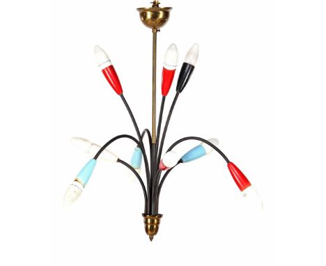 Polychrome metal 9-light hanging lamp, Sputnik model 1960s, 67 cm high,