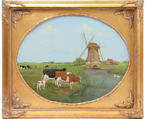 Jan van der Meer (1942-)Dutch landscape with windmill and cows with calf, panel in classic frame with oval passe partout, out