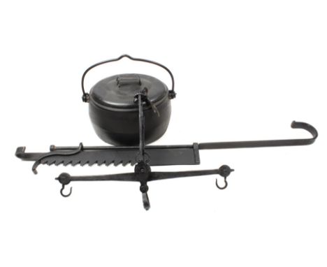 Iron grab bar 120 cm high, iron lid pan with handle, marked Clark &amp; Co, capacity 2 1/2 gallons and iron scales, 60 cm wid