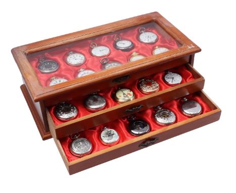 Wooden 3-drawer display cabinet containing&nbsp;30 pocket watches after an antique model (function unknown), case 39 cm wide