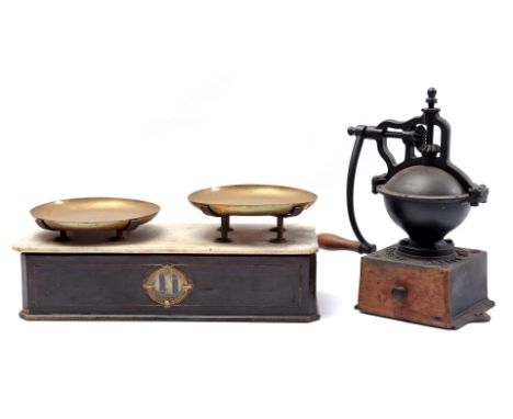 French wooden scales with copper scales and marble top, ca. 1900, 19 cm high, 54x23 cm and Peugeot Freres iron coffee grinder
