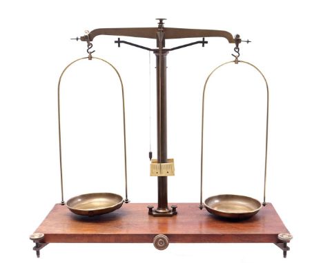 Brass double needle scale, on walnut veneer tray, 53.5 cm high, 60 cm wide, 24 cm deep