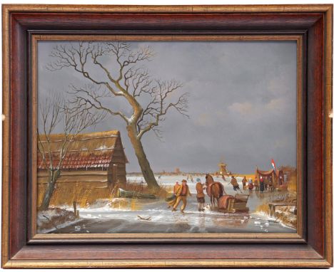 Jan van der Meer (1942-)Winter landscape with many figures on a frozen lake with cake and zopie, panel 30x40 cm