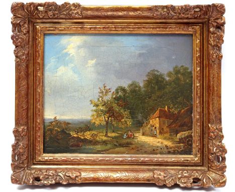Anonymous, landscape with figures, Romantic School, panel 19th century, 18x22.5 cm