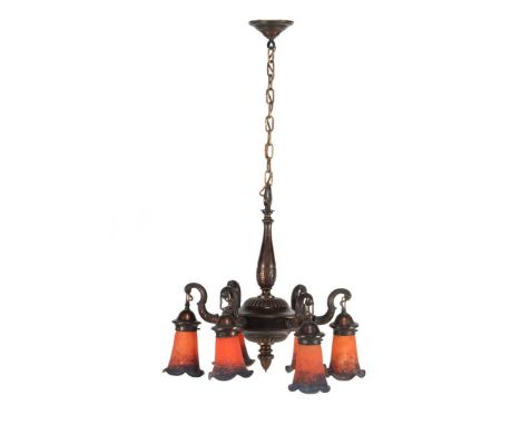 Copper 6-light Art Deco hanging lamp with glass shades, 95 cm high, 60 cm diameter