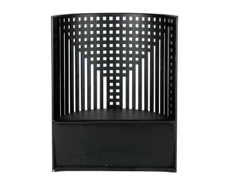 Blackened wooden bench with flap, inspired by Charles Rennie Mackintosh, model 'the Cashiers Chair', not marked, 119 cm high 