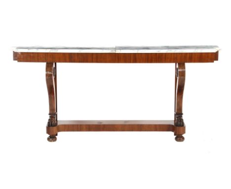 Mahogany veneer console table/trumeau with 2-piece marble top, 91 cm high, 204 cm wide, 35 cm deep