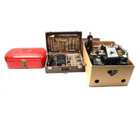 Box various b.u. radiation device Frequenta Firma Velmag, 8 telephones, among. bakelite and red enamel bread bin