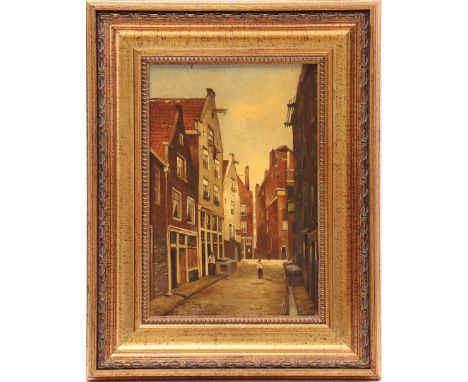 Signed Wenckenhorst, street with houses with stepped gable, panel 30.5x21 cm