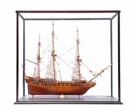 Scale model three-master called HMS Unicorn, in display case, 77 cm high, 87 cm wide, 31 cm deep