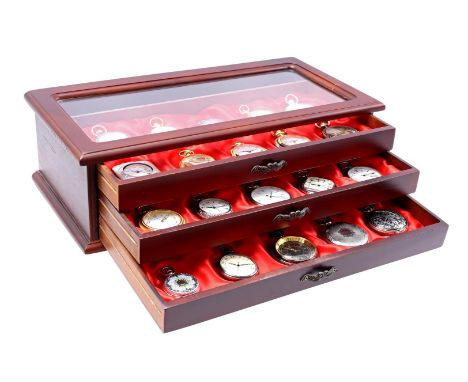 Wooden 3-drawer display case with 30 pocket watches after an antique model, case 12 cm high, 38x19 cm (function unknown)