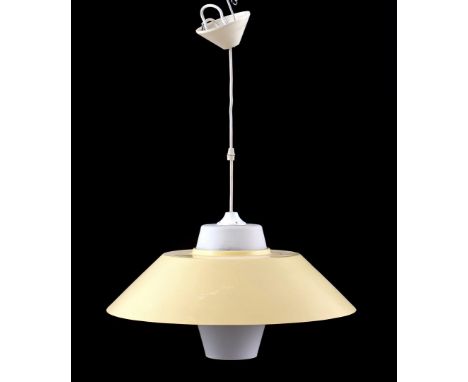 Yellow lacquered metal hanging lamp with opaline chalice, Netherlands 1950s, 49 cm diameter