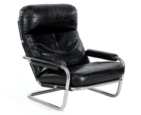 Jan des Bouvrie (1942-2020)Chromed tubular frame arm chair with black leather removable cushions, design Jan des Bouvrie for 