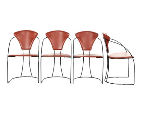 4 brown leather dining room chairs with black metal frame, Arrben model Linda (signs of use)
