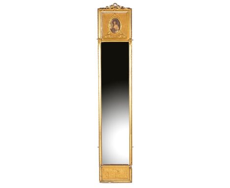 Checkers mirror in a wooden gold frame with oval lithograph of a portrait under the crest, France ca. 1840, 208x39 cm (restor